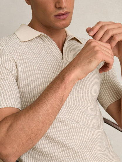 Cotton-Blend Stripe Polo Shirt in Ecru/Taupe Brown | Reiss Men Featured