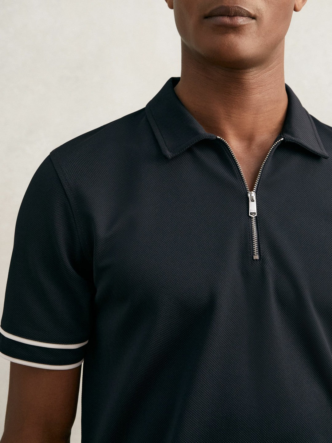 Textured Half-Zip Tipped Polo Shirt in Navy | Reiss Men Featured