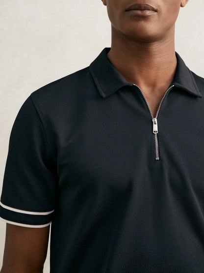 Textured Half-Zip Tipped Polo Shirt in Navy | Reiss Men Featured