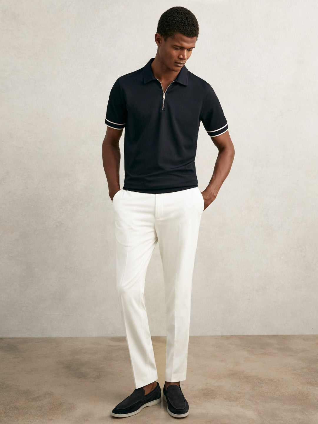 Textured Half-Zip Tipped Polo Shirt in Navy | Reiss Men Featured
