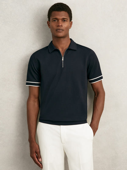 Textured Half-Zip Tipped Polo Shirt in Navy | Reiss Men Featured