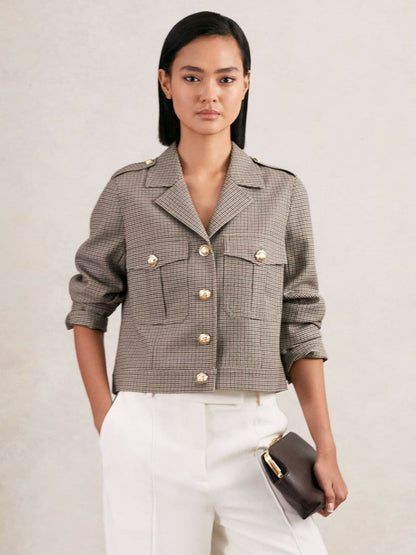 Wool Twin-Pocket Cropped Jacket in Neutral Check | Reiss Women Featured
