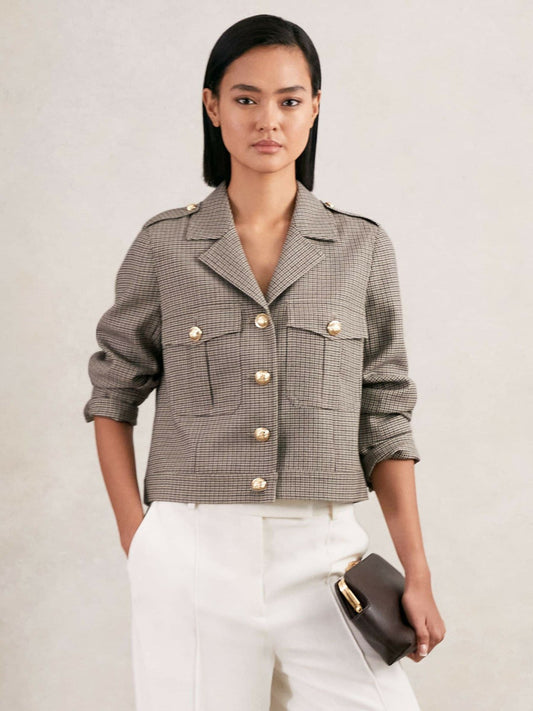 Wool Twin-Pocket Cropped Jacket in Neutral Check | Reiss Women Featured