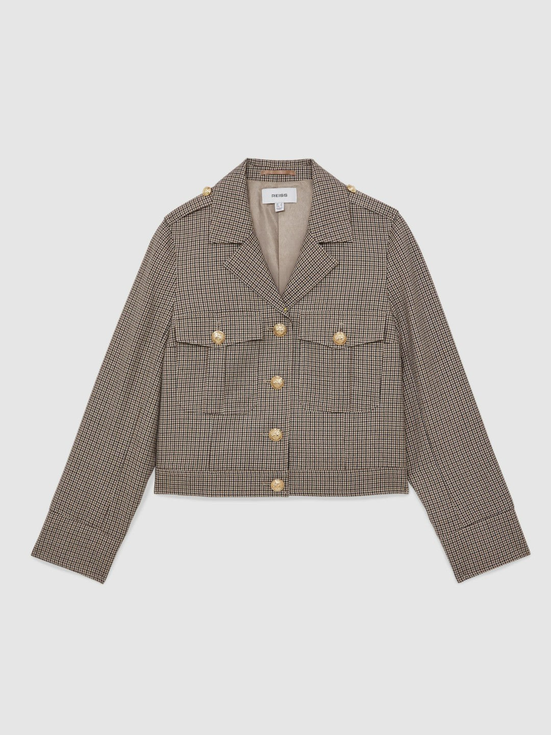 Wool Twin-Pocket Cropped Jacket in Neutral Check | Reiss Women Featured