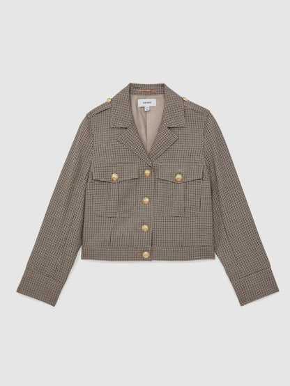 Wool Twin-Pocket Cropped Jacket in Neutral Check | Reiss Women Featured