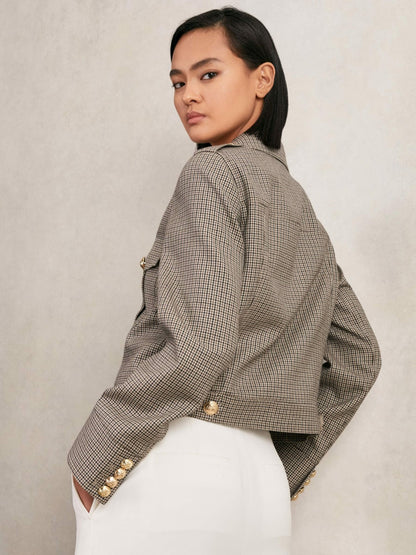 Wool Twin-Pocket Cropped Jacket in Neutral Check | Reiss Women Featured