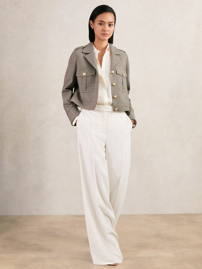 Wool Twin-Pocket Cropped Jacket in Neutral Check | Reiss Women Featured