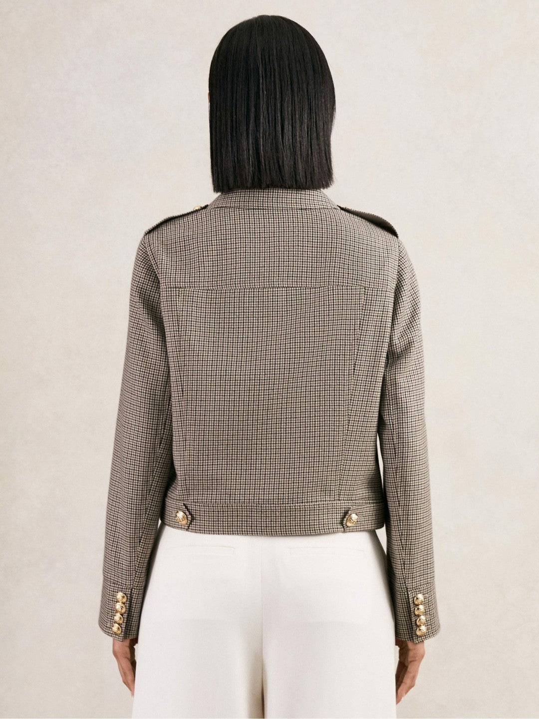 Wool Twin-Pocket Cropped Jacket in Neutral Check | Reiss Women Featured
