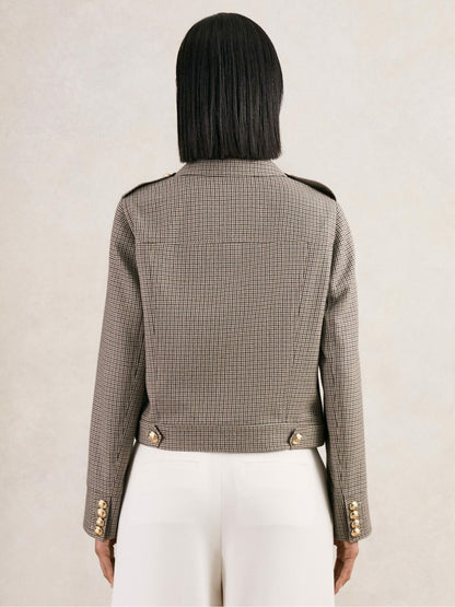 Wool Twin-Pocket Cropped Jacket in Neutral Check | Reiss Women Featured