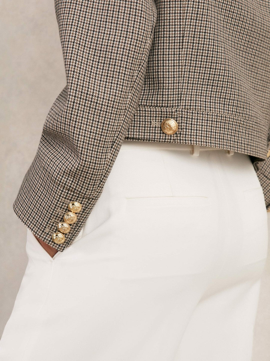 Wool Twin-Pocket Cropped Jacket in Neutral Check | Reiss Women Featured