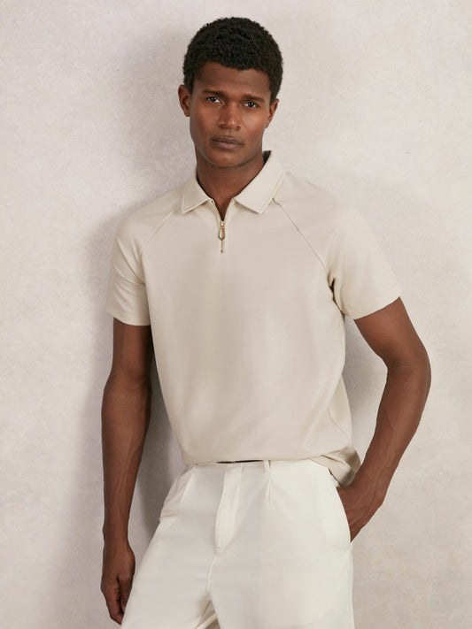 Textured Raglan Half-Zip Polo Shirt in Stone | Reiss Men New
