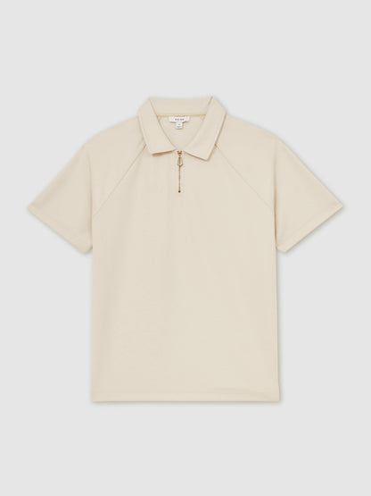 Textured Raglan Half-Zip Polo Shirt in Stone | Reiss Men New