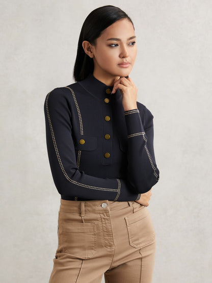 Contrast-Stitch Knit Top in Navy | Reiss Women New