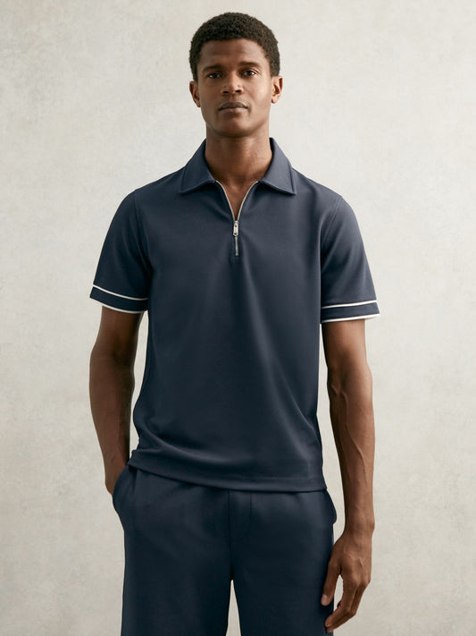 Textured Half-Zip Tipped Polo Shirt in Airforce Blue | Reiss Men New
