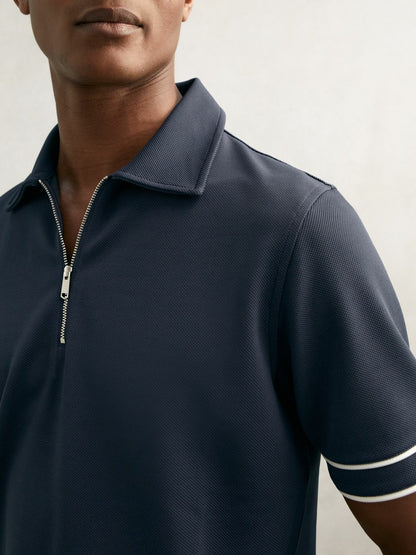Textured Half-Zip Tipped Polo Shirt in Airforce Blue | Reiss Men New