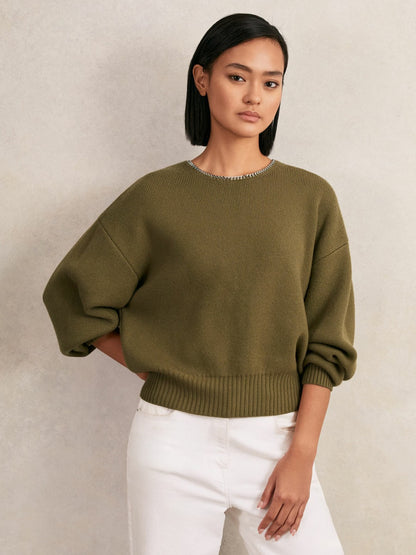 Wool-Blend Necklace-Trim Jumper with Cashmere in Sage Green | Reiss Women New