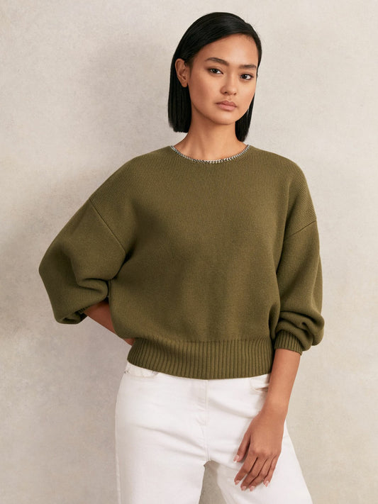 Wool-Blend Necklace-Trim Jumper with Cashmere in Sage Green | Reiss Women New