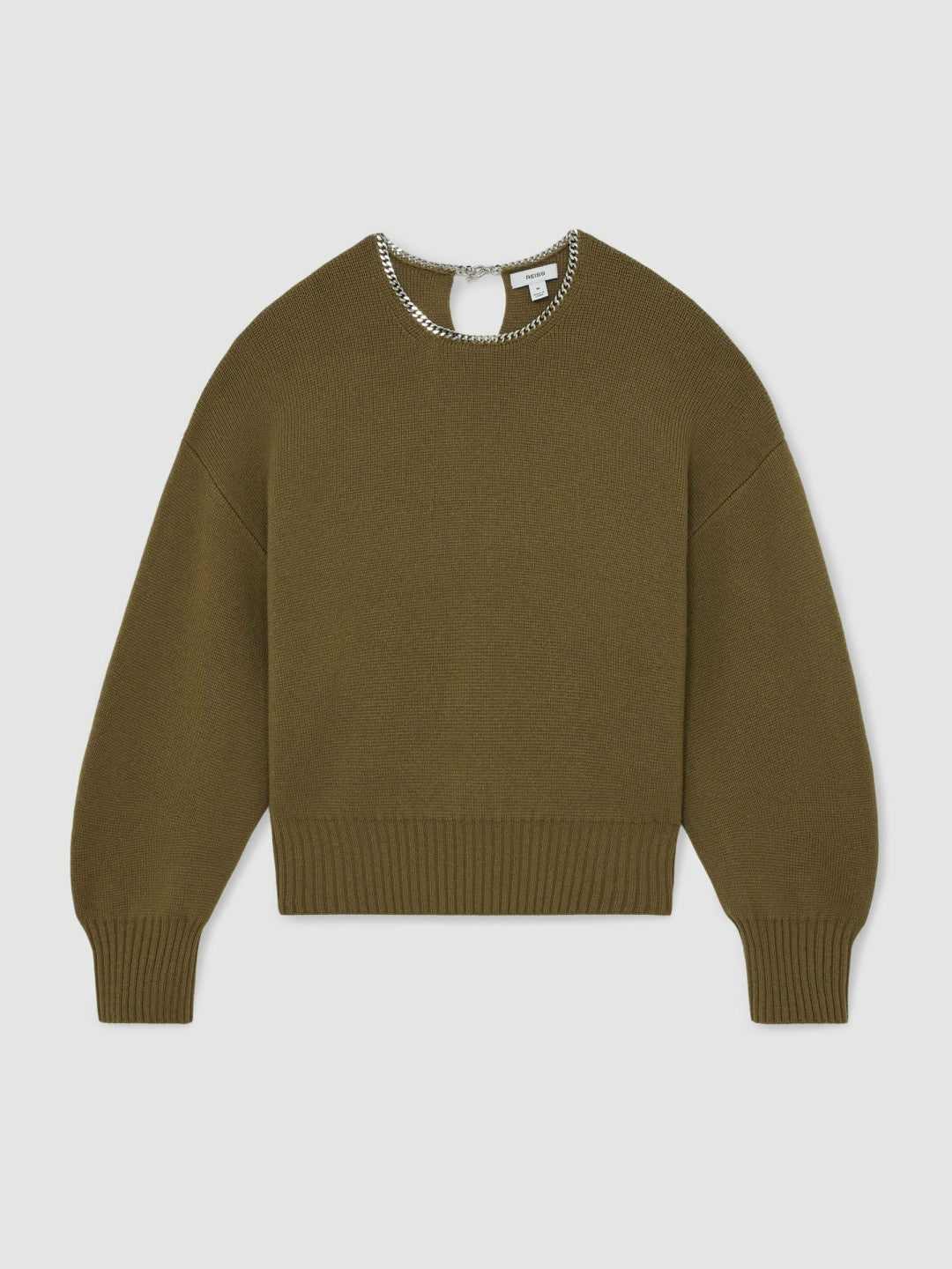 Wool-Blend Necklace-Trim Jumper with Cashmere in Sage Green | Reiss Women New