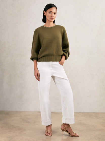 Wool-Blend Necklace-Trim Jumper with Cashmere in Sage Green | Reiss Women New