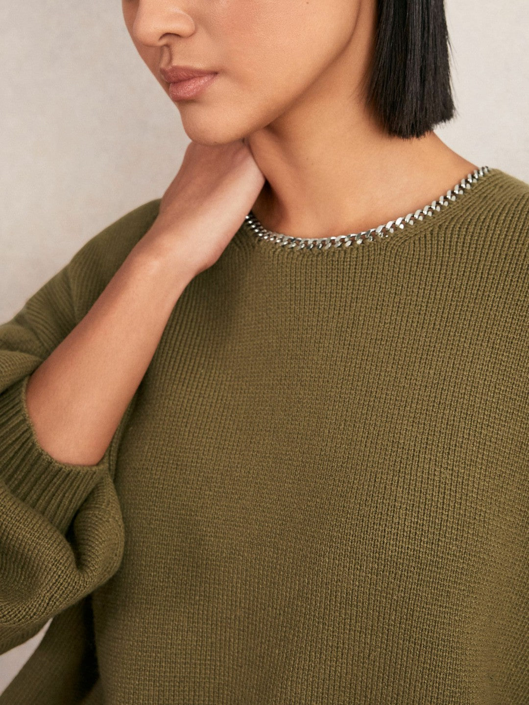 Wool-Blend Necklace-Trim Jumper with Cashmere in Sage Green | Reiss Women New