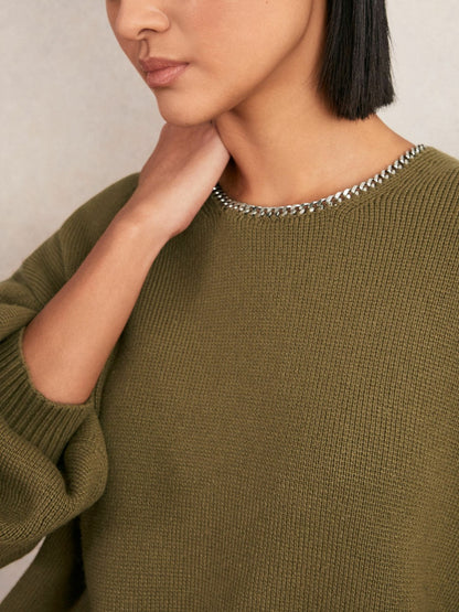 Wool-Blend Necklace-Trim Jumper with Cashmere in Sage Green | Reiss Women New