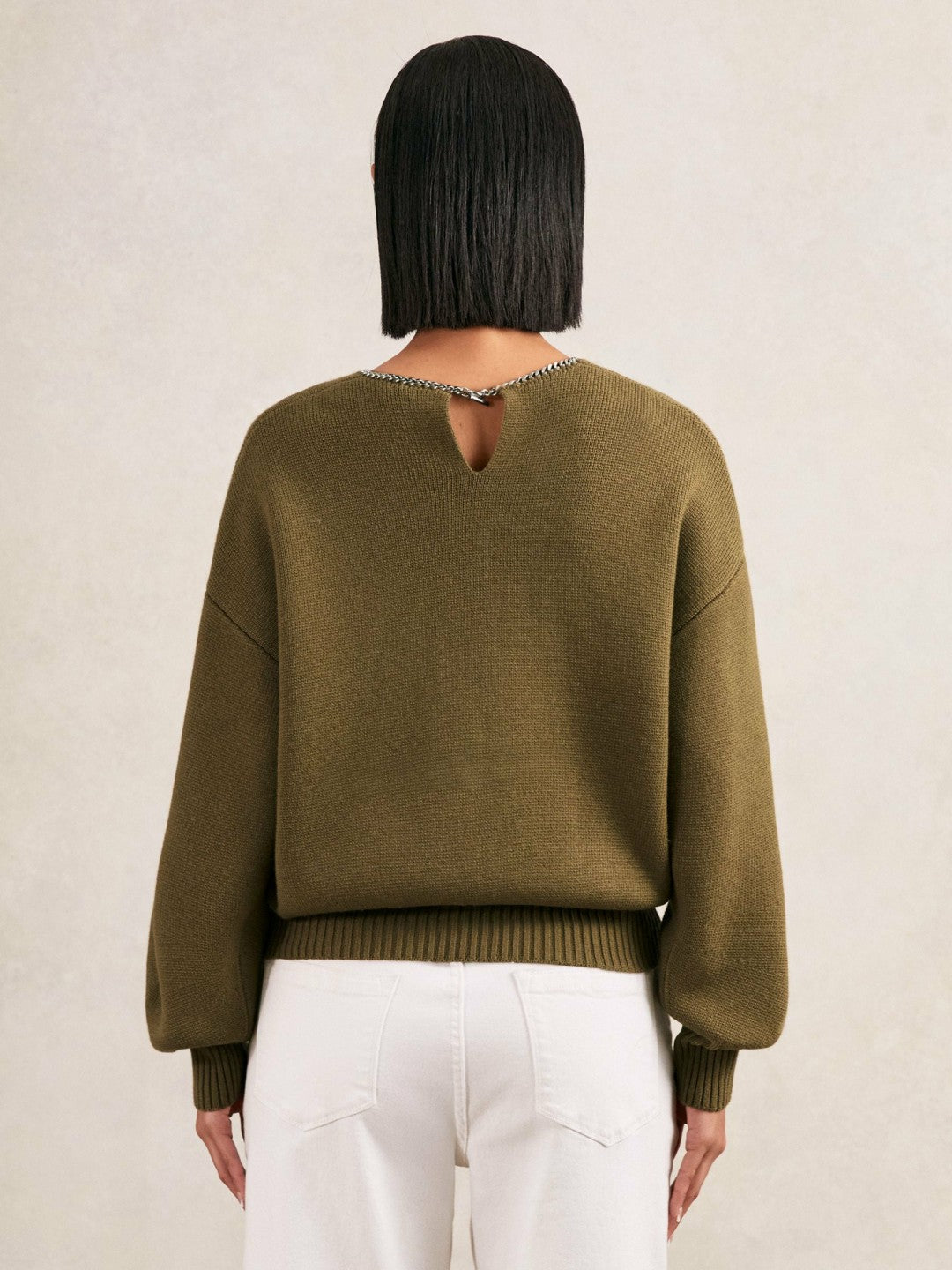 Wool-Blend Necklace-Trim Jumper with Cashmere in Sage Green | Reiss Women New