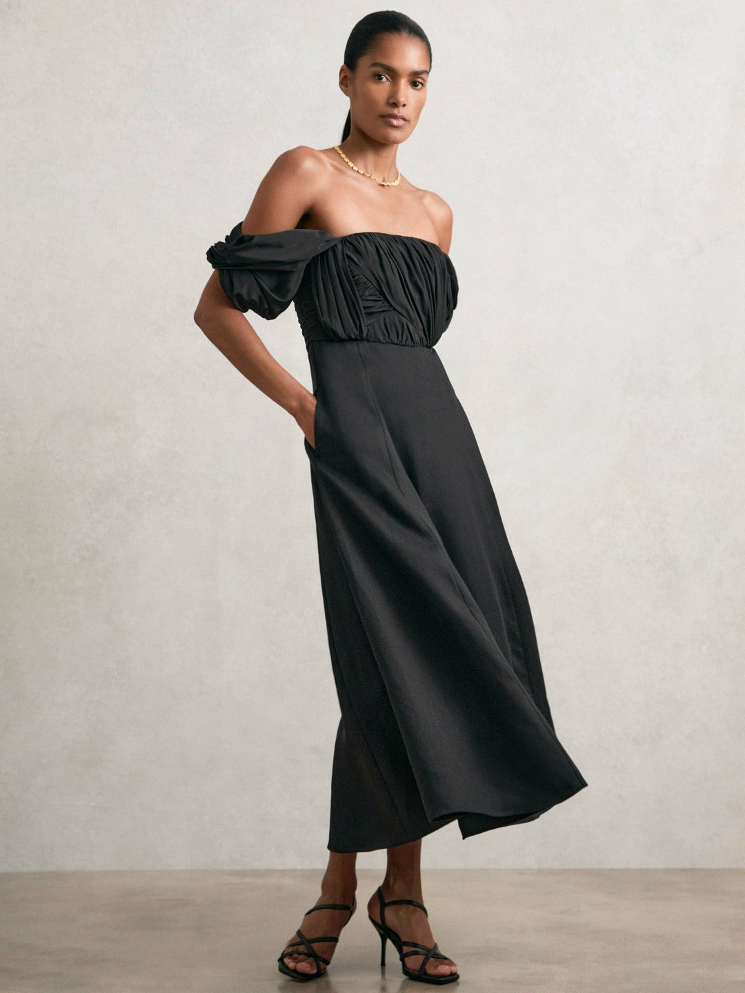 Bardot Sculpted Bodice Midi Dress With Linen in Black | Reiss Women Premium