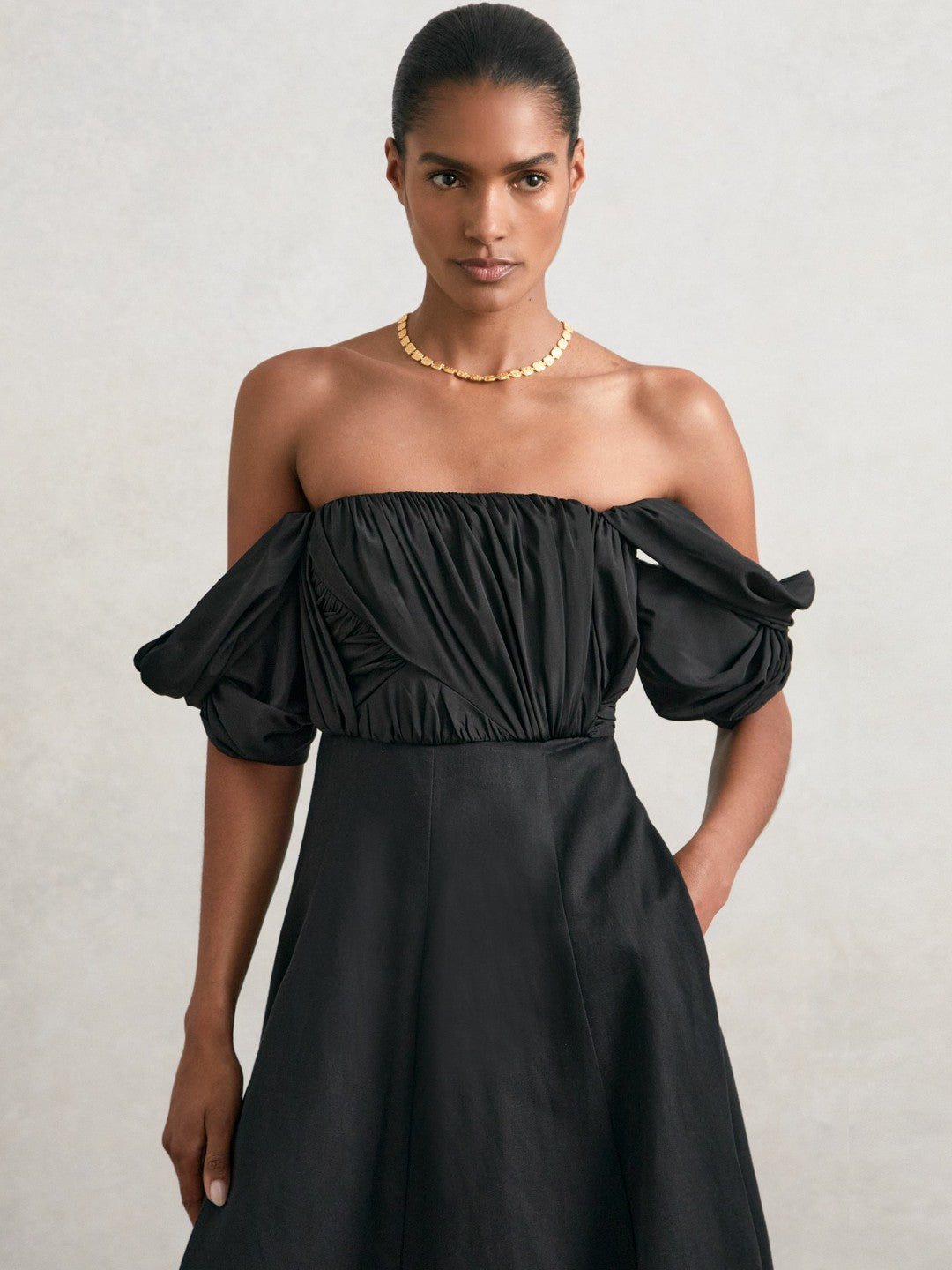 Bardot Sculpted Bodice Midi Dress With Linen in Black | Reiss Women Premium