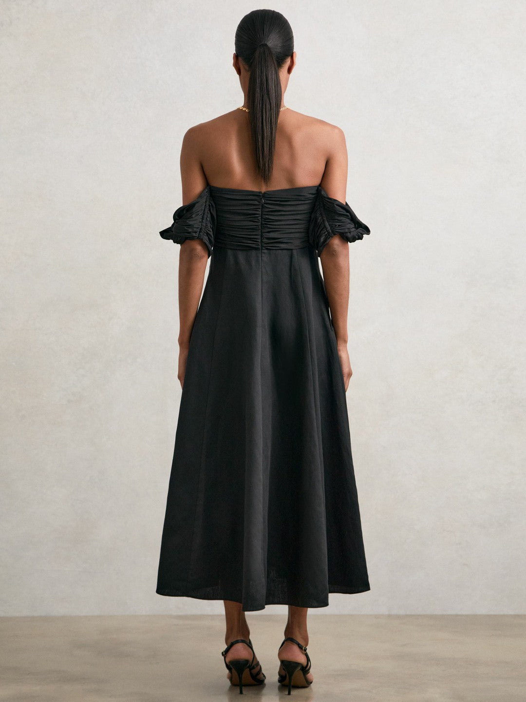 Bardot Sculpted Bodice Midi Dress With Linen in Black | Reiss Women Premium