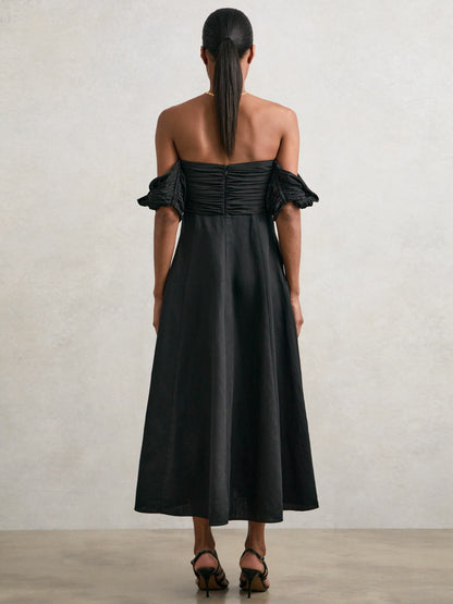 Bardot Sculpted Bodice Midi Dress With Linen in Black | Reiss Women Premium