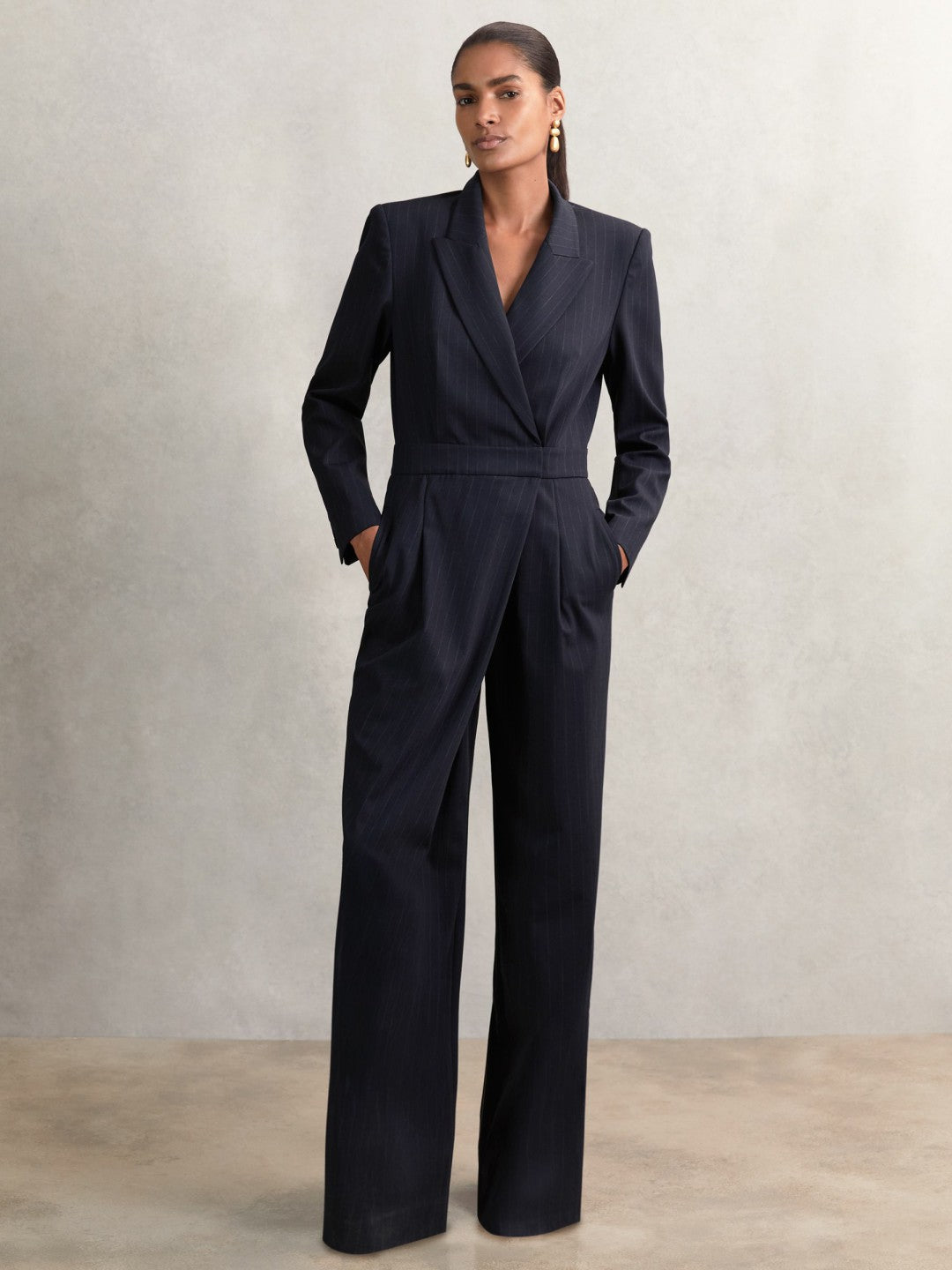 Pinstripe Tailored Wide-Leg Jumpsuit with Wool in Navy | Reiss Women Signature