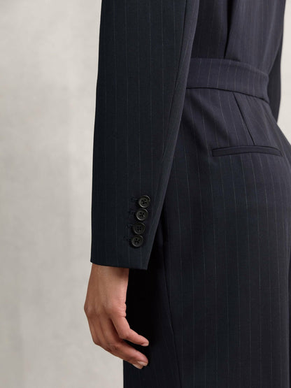 Pinstripe Tailored Wide-Leg Jumpsuit with Wool in Navy | Reiss Women Signature