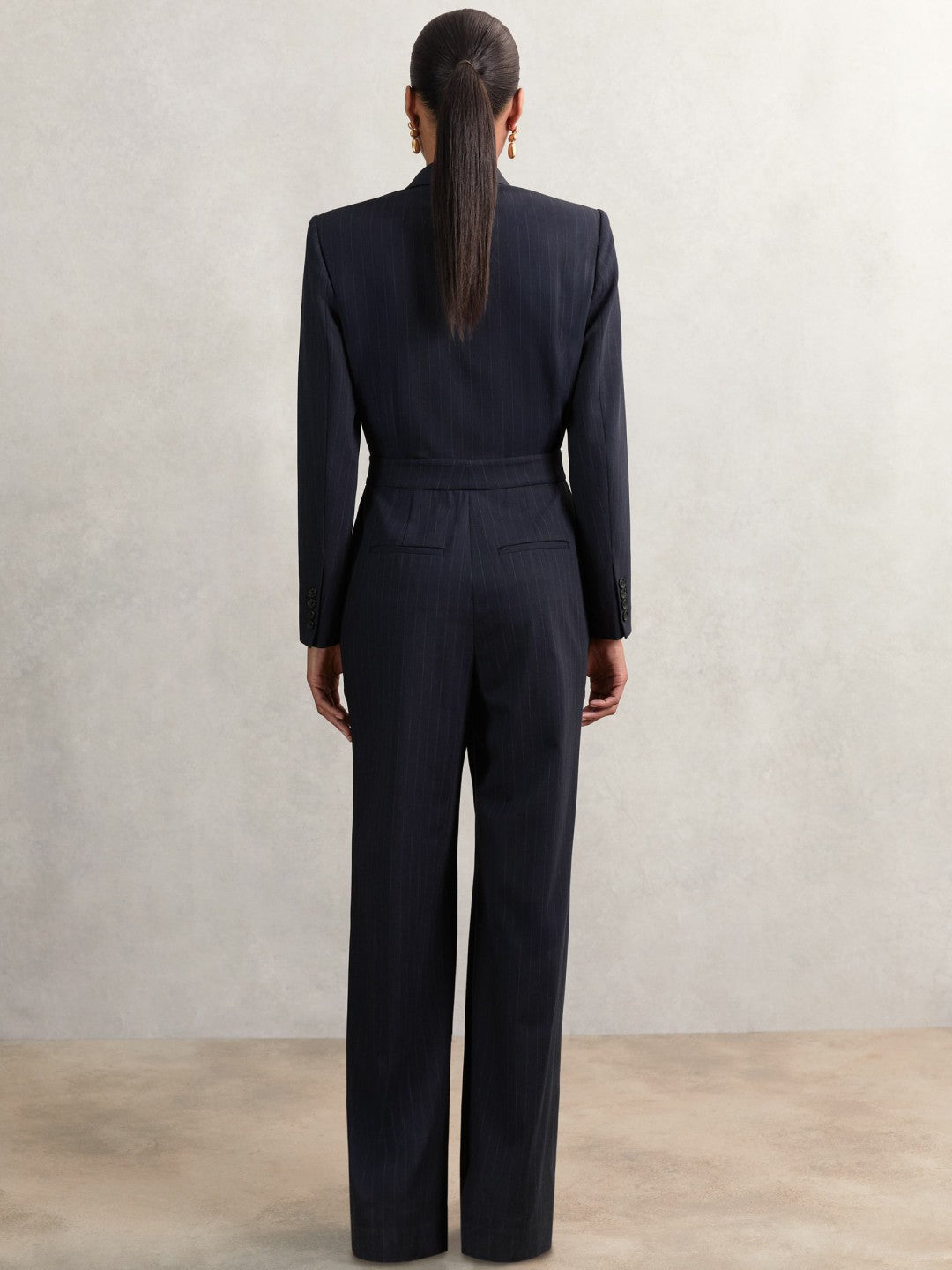 Pinstripe Tailored Wide-Leg Jumpsuit with Wool in Navy | Reiss Women Signature