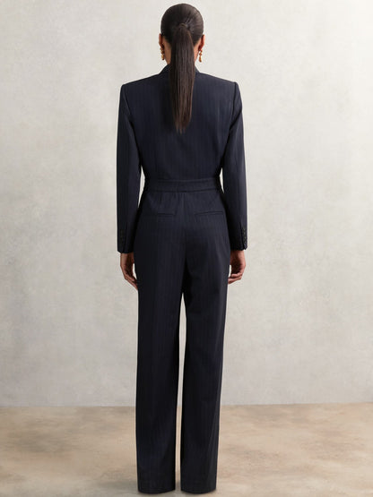 Pinstripe Tailored Wide-Leg Jumpsuit with Wool in Navy | Reiss Women Signature