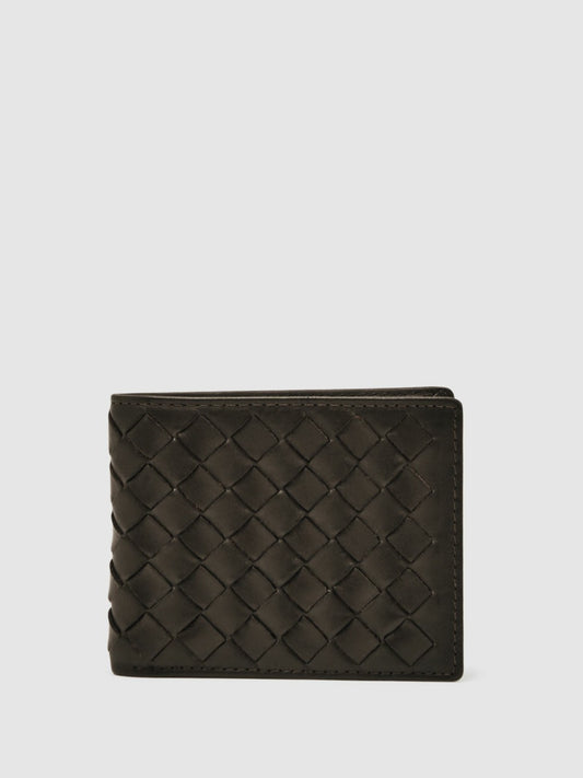 Leather Large Lattice-Effect Wallet in Dark Brown | Reiss Men New