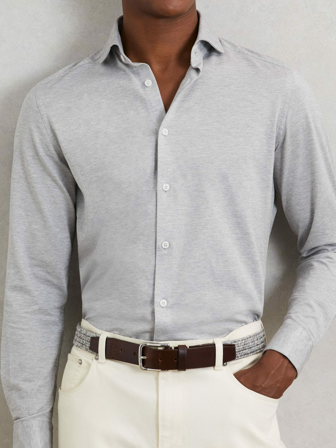 Webbing Belt With Leather Trim in Soft Grey | Reiss Men Recommended