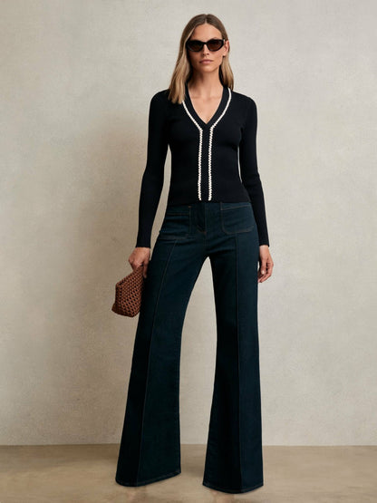 Craft-Stitch Rib-Knit Top in Navy/White | Reiss Women Premium