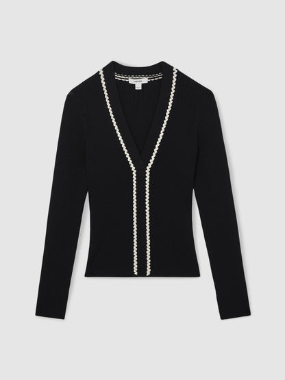Craft-Stitch Rib-Knit Top in Navy/White | Reiss Women Premium