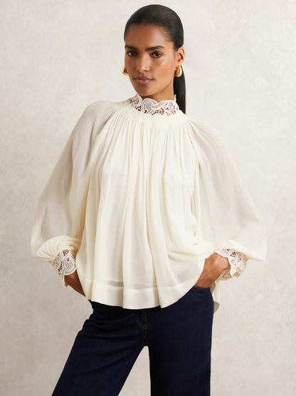 Lace-Trim Draped Chiffon Top in Cream | Reiss Women Exclusive