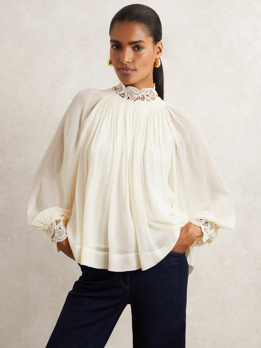 Lace-Trim Draped Chiffon Top in Cream | Reiss Women Exclusive