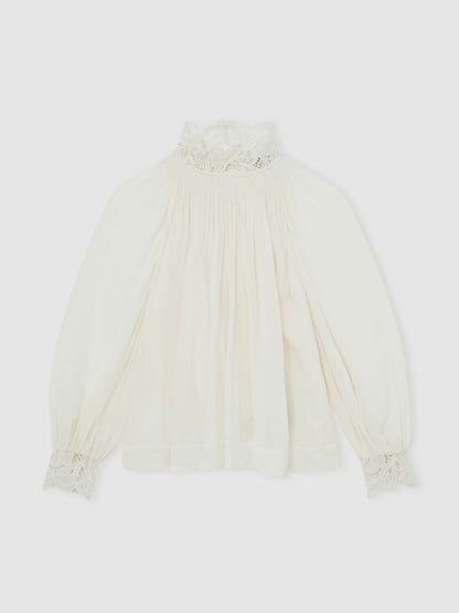 Lace-Trim Draped Chiffon Top in Cream | Reiss Women Exclusive