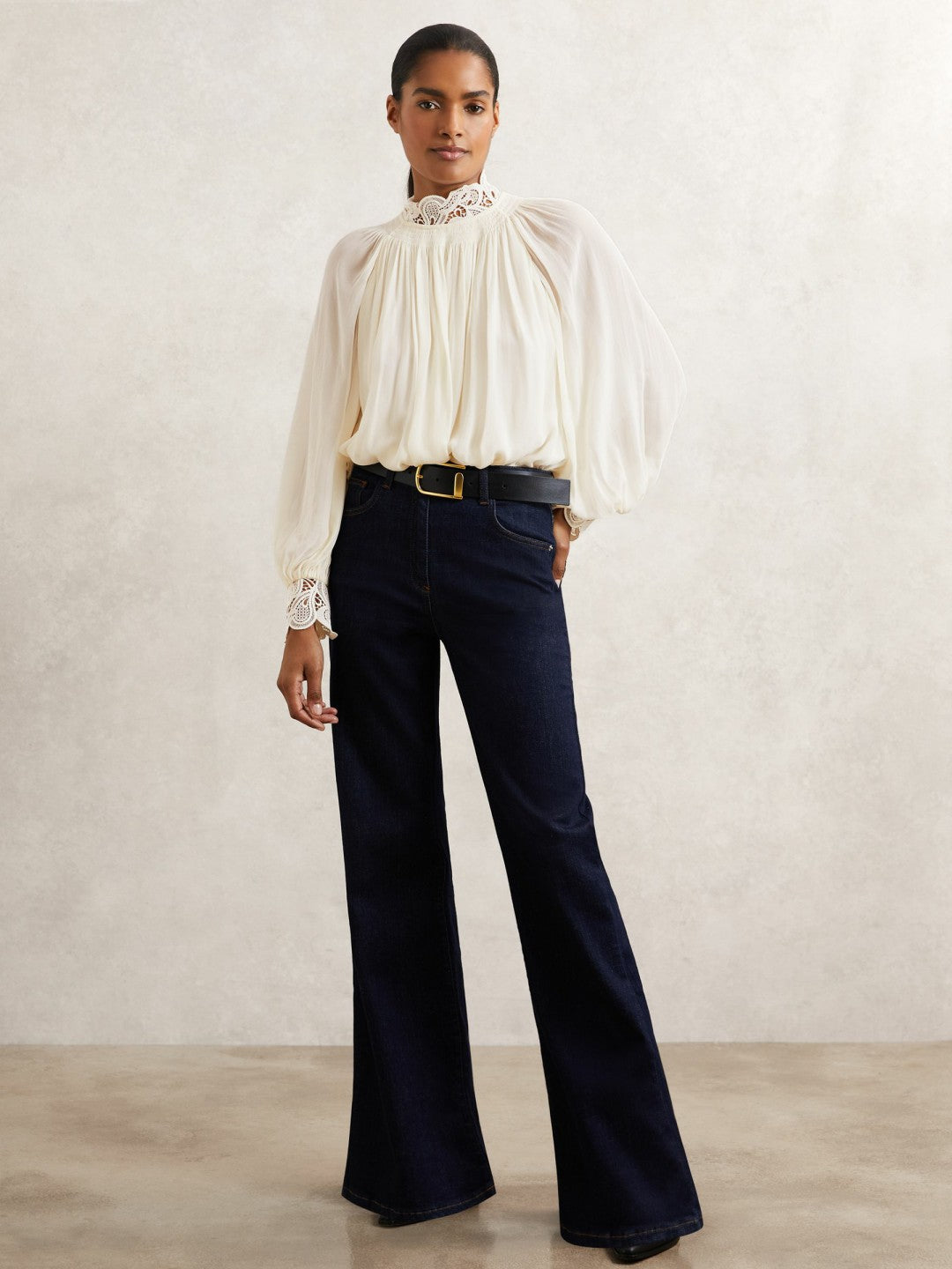 Lace-Trim Draped Chiffon Top in Cream | Reiss Women Exclusive