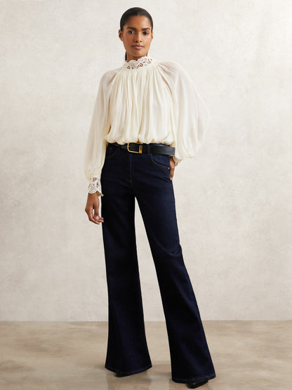 Lace-Trim Draped Chiffon Top in Cream | Reiss Women Exclusive