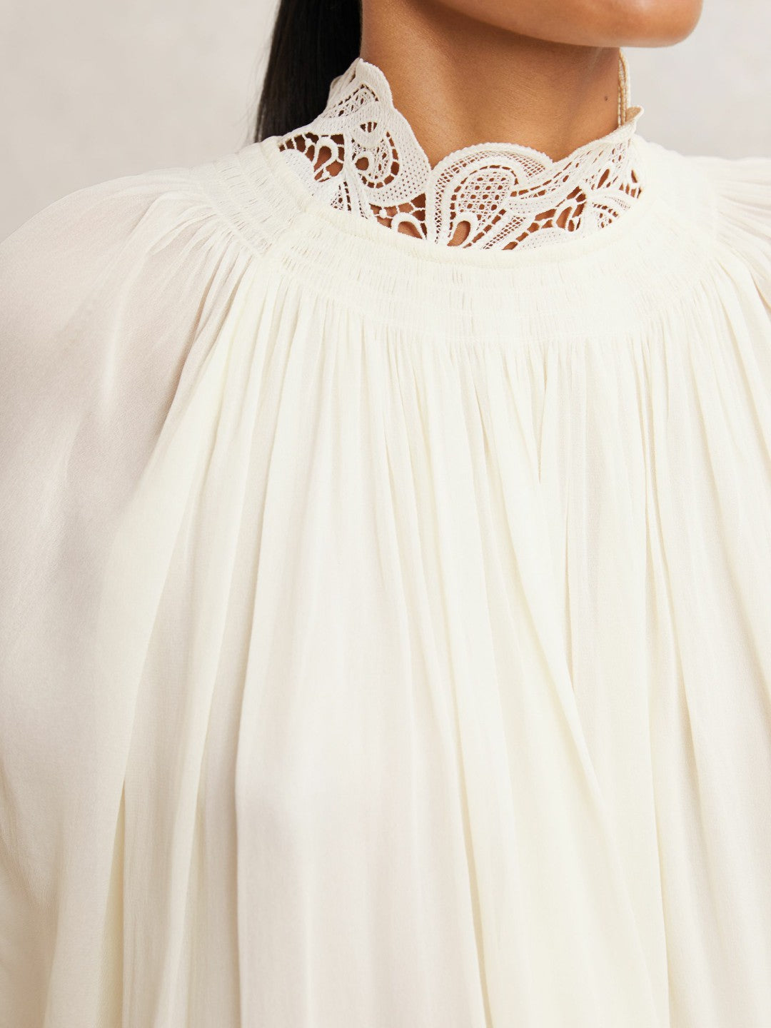 Lace-Trim Draped Chiffon Top in Cream | Reiss Women Exclusive