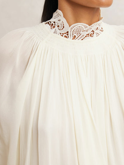 Lace-Trim Draped Chiffon Top in Cream | Reiss Women Exclusive