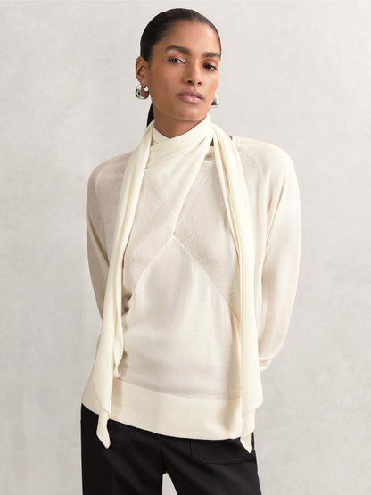 Wool Scarf-Tie Draped Jumper in Cream | Reiss Women Recommended