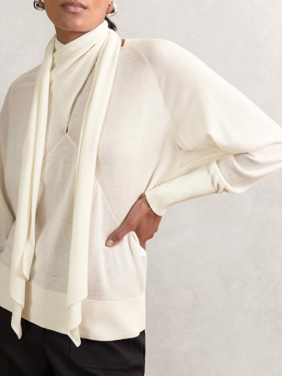 Wool Scarf-Tie Draped Jumper in Cream | Reiss Women Recommended