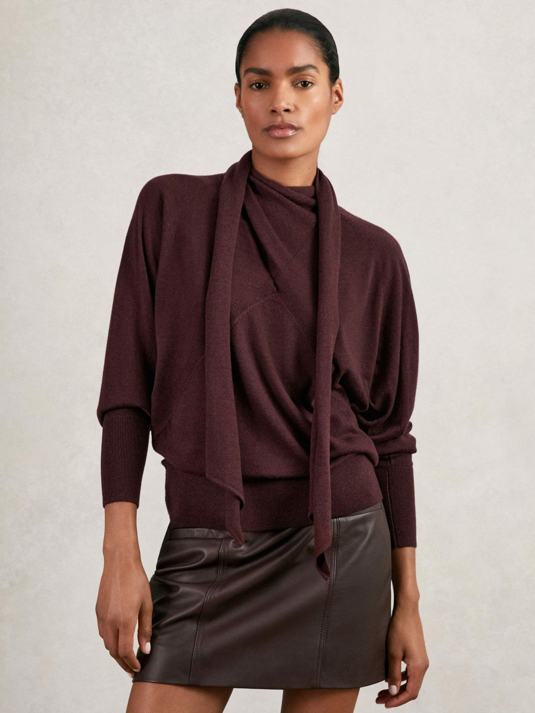 Wool Scarf-Tie Draped Jumper in Burgundy | Reiss Women Exclusive