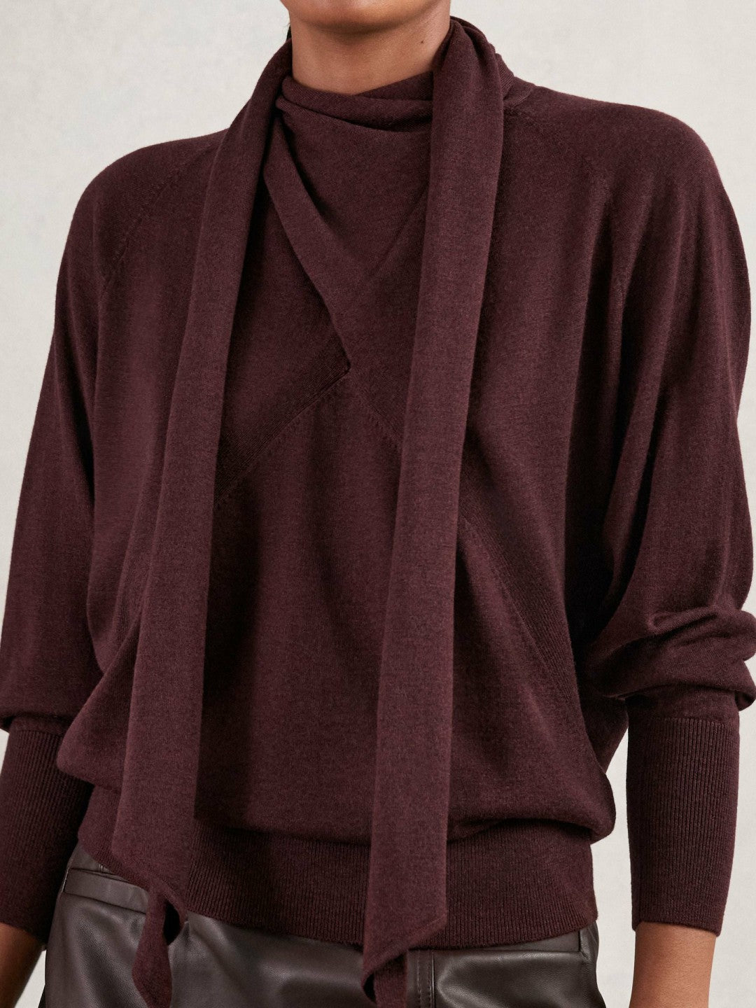 Wool Scarf-Tie Draped Jumper in Burgundy | Reiss Women Exclusive