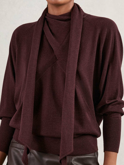 Wool Scarf-Tie Draped Jumper in Burgundy | Reiss Women Exclusive